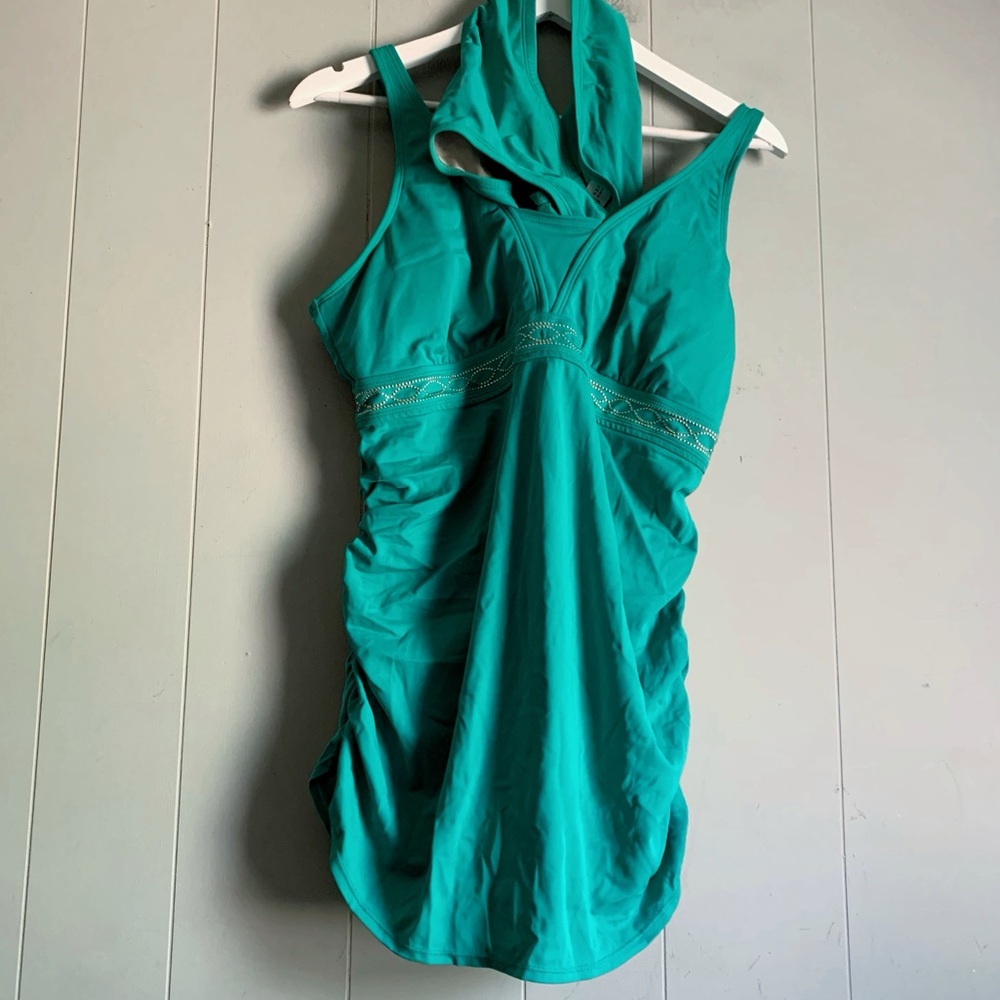 Motherhood Maternity Teal & Gold Tankini Swimsuit L